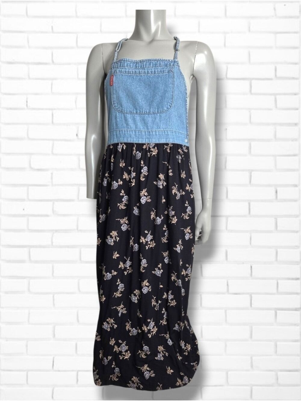 "Vintage Blue" Mixed-Media Denim Bib Bodice Floral Print Skirt Dress Size S/M